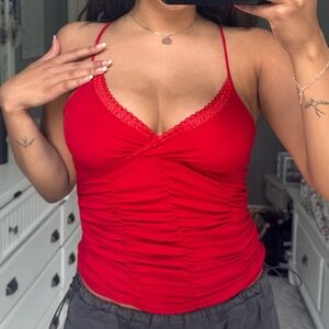 Red Lace Trim Ruched Women's Top